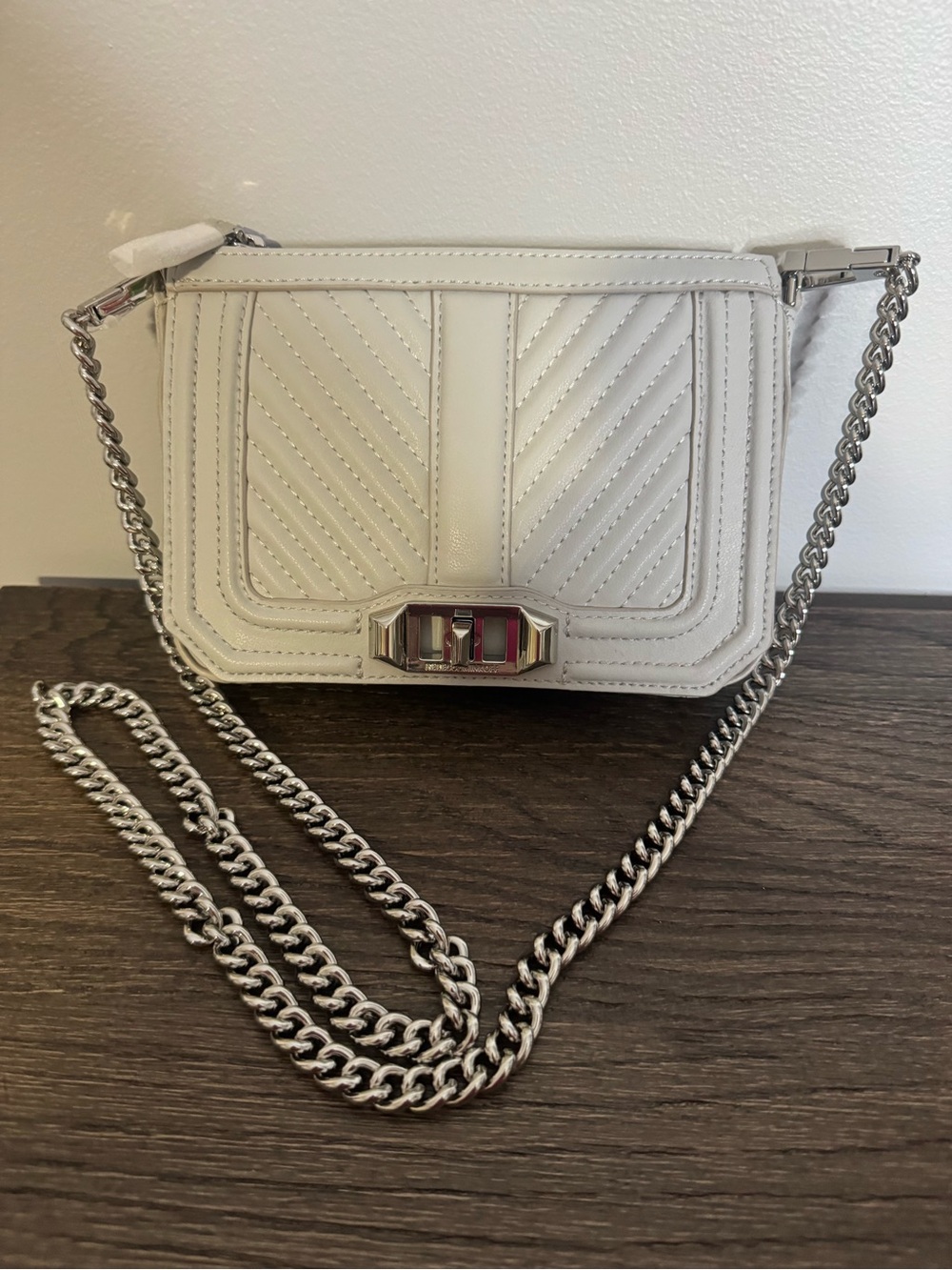 NWT Rebecca Minkoff Small Love Chevron Quilted Leather Crossbody Bag in Gray